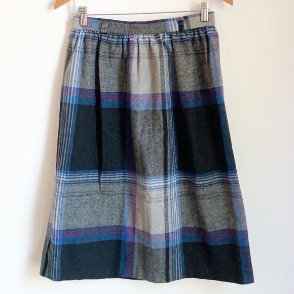 Vintage 1970s/80s blue grey plaid tartan midi skirt kilt-union - Picture 1 of 6